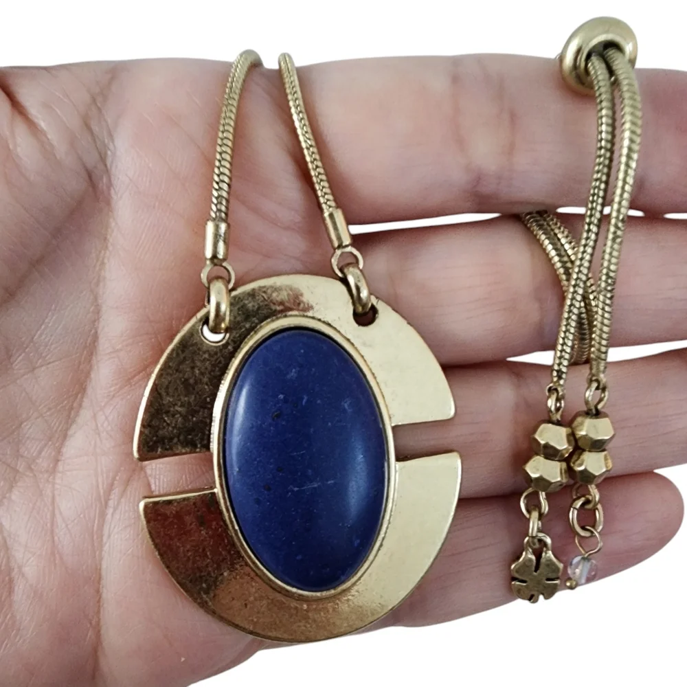 Lucky Brand art deco pendant necklace boho layer necklace blue stone